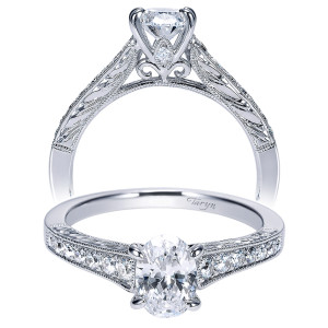 Taryn TE8805W44JJ 14 karat white gold engagement ring, front and profile views of an oval center with graduated side stones along engraved milgrain shoulders