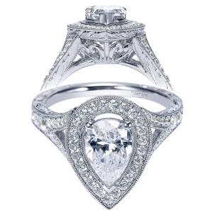 Taryn TE8813W44JJ 14 karat white gold engagement ring, front and profile views of a pear center in a milgrain edged halo above a split shank
