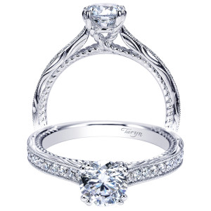 Taryn TE8818W44JJ 14 karat white gold engagement ring, front and profile views of a round center above a bead set row on engraved milgrain shoulders