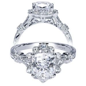 Taryn TE8838W44JJ 14 karat white gold engagement ring, front and profile views of a cushion center in a scalloped floral halo with engraved shoulder stations