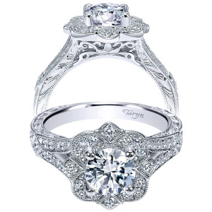 Taryn TE8839W44JJ 14 karat white gold engagement ring, front and profile views of a round center in a floral cut out halo above a split shank