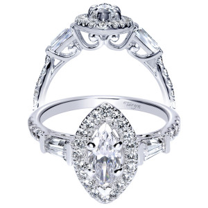 Taryn TE8851W44JJ 14 karat white gold engagement ring, front and profile views of a marquise center haloed and flanked by baguettes above pave shoulders