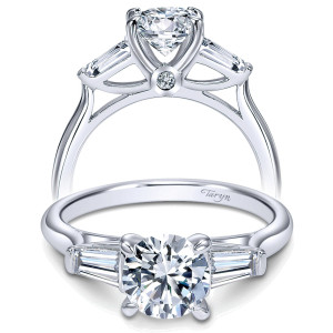 Taryn TE8880W44JJ 14 karat white gold engagement ring, front and side views of a round center flanked by tapered baguettes on a split polished shank