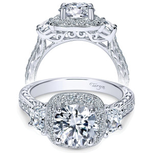 Taryn TE8918W44JJ 14 karat white gold engagement ring, front and side views of a round center in a halo between half moons above engraved shoulders