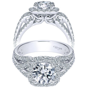 Taryn TE8930W83JJ 18 karat white gold engagement ring, front and side views of a round center in a cushioned halo above crossing pave arms