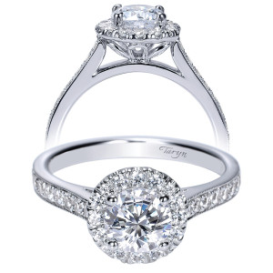 Taryn TE8932W44JJ 14 karat white gold engagement ring, front and side views of a round center in a scalloped halo on a tapered milgrain shank