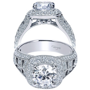 Taryn TE8936W83JJ 18 karat white gold engagement ring, front and side views of a round center in a square halo over wide milgrain framed shoulders