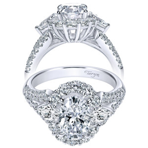 Taryn TE8942W83JJ 18 karat white gold engagement ring, front and side views of an oval center haloed and flanked by two pear stones on pave arms