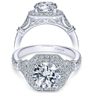 Taryn TE8985W44JJ 14 karat white gold engagement ring, front and side views of a round center in an angular milgrain halo with ribbed shoulder accents