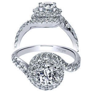 Taryn TE9055W44JJ 14 karat white gold engagement ring, front view of a round center inside a swirled double halo on a twisting pave shank