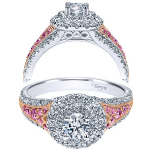 Taryn TE911597R0T44PS 14 karat white and rose gold engagement ring, front and side views of a round center in a double halo with pink stones along the shoulders