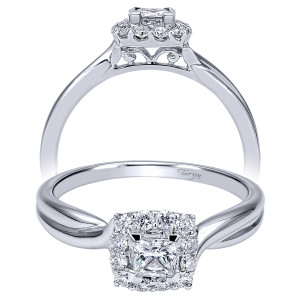 Taryn TE911734S1W44JJ 14 karat white gold engagement ring, front and side views of a princess center in a cushion halo above a plain twisted shank