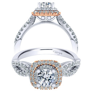 Taryn TE911877R2T44JJ 14 karat white and rose gold engagement ring, front view of a round center in a cushion shaped halo above crossover pave shoulders and scrolled gallery