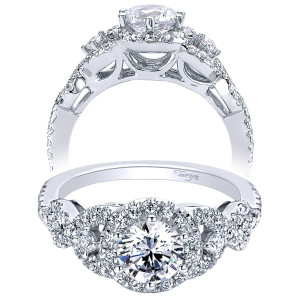Taryn TE9442W44JJ 14 karat white gold engagement ring, front and profile views of a round center haloed between petal shaped side clusters on braided pave rails