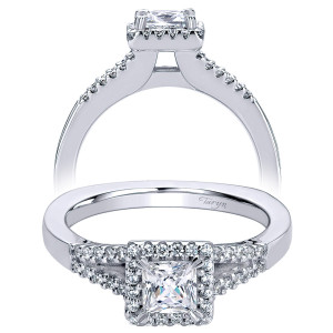 Taryn TE9474W44JJ 14 karat white gold engagement ring, front view of a princess center in a squared halo above pave rails meeting a plain shank