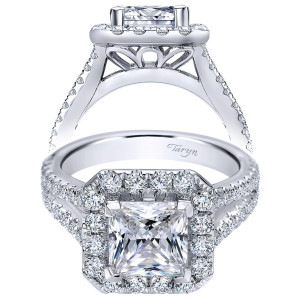 Taryn TE9783W44JJ 14 karat white gold engagement ring, front view of a princess center in a square halo of larger rounds above split pave rails