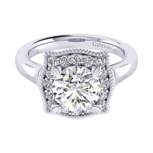 Gabriel & Co. ER009C8AAW44JJ 14 karat white gold Perfect Match engagement ring, top view of a round center held by wide flared prongs inside a squared halo