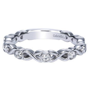 Gabriel & Co. WB5667W44JJ 14 karat white gold Victorian wedding band, front view of bezel set rounds alternating with open milgrain outlined leaf shapes