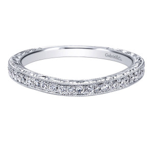 Gabriel & Co. WB9065W44JJ 14 karat white gold Victorian wedding band, front view of round stones between milgrain borders beside finely detailed engraved shoulders