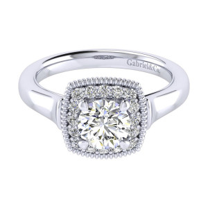 Gabriel & Co. ER009B3ABW44JJ 14 karat white gold Perfect Match engagement ring, top view of the round center in a cushion shaped halo edged with a beaded rim