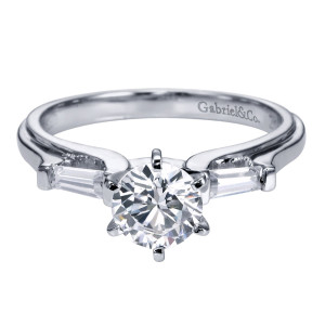 Gabriel & Co. ER3694PT3JJ platinum Contemporary engagement ring, front view of the round center on six prongs between two tapered baguettes
