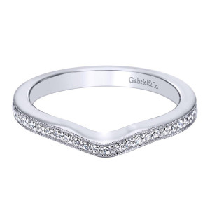 Gabriel & Co. WB6341W44JJ 14 karat white gold Victorian wedding band, angled view of a gently curved contour with small rounds edged by fine milgrain