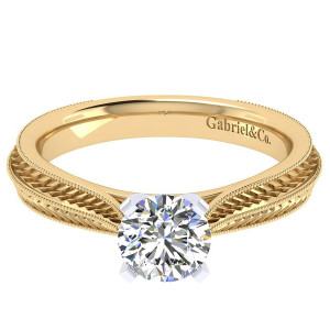 Gabriel & Co. ER6707M4JJJ two-tone 14 karat gold Victorian engagement ring, top view of the tilted setting, four prongs above rope engraved shoulders edged in milgrain