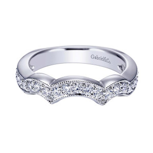 Gabriel & Co. WB4135W44JJ 14 karat white gold Victorian wedding band, top angled view of the curved contour with milgrain edged rails over bead set rounds