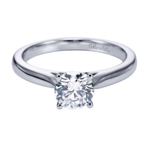Gabriel & Co. ER6641PTJJJ platinum Contemporary engagement ring, front view of the round center gripped by ball tipped prongs on a slim shank