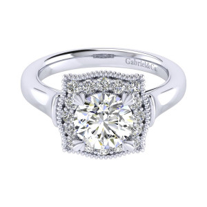 Gabriel & Co. ER009C6AAW44JJ 14 karat white gold Perfect Match engagement ring, front view of the round center held by petal shaped prongs inside a squared halo