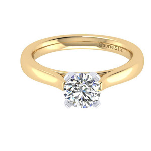 Gabriel & Co. ER6685M4JJJ two-tone 14 karat gold Contemporary engagement ring, top view of the round center in four flat prongs on a plain smooth shank