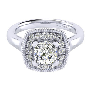 Gabriel & Co. ER009C6AKW44JJ 14 karat white gold Perfect Match engagement ring, top view of the cushion center in a milgrain halo edged by a beaded rim
