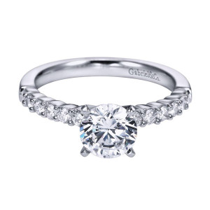 Gabriel & Co. ER6874W44JJ 14 karat white gold Contemporary engagement ring, front view of the round center over shared prong rounds that shrink toward the plain shank
