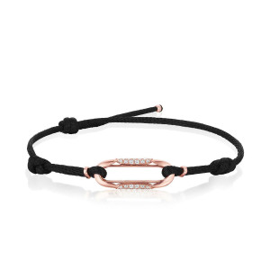Tacori FB921PK 18 Karat Rose Gold, top view of the pave set elongated oval link centered on an adjustable black cord