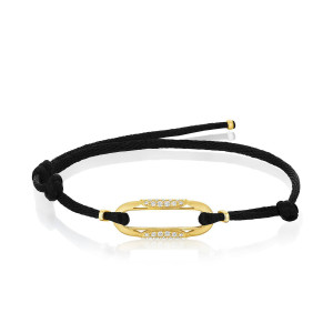 Tacori FB921SY 18 Karat Yellow Gold, angled view of the elongated oval link with pave diamond rails on adjustable black cord