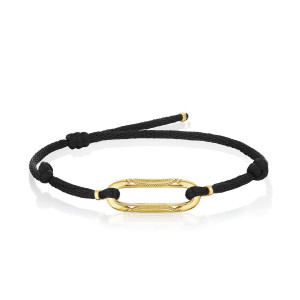 Tacori FB922Y 18 Karat Yellow Gold, angled view of the elongated oval link with beaded inner border on adjustable black cord
