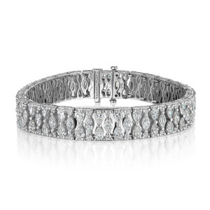 Tacori FB923PLT7 Platinum, angled view of the closed geometric bracelet with paired marquise and round diamonds, openwork gallery and engraved box clasp