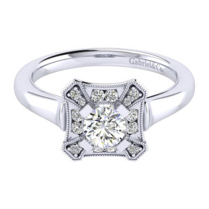 Gabriel & Co. ER009A2AEW44JJ 14 karat white gold Perfect Match engagement ring, top view of the round center inside a milgrain edged geometric plaque with cross bars