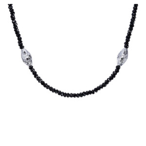 Gabriel & Co. NK3404SVJBS sterling silver Roaring 20's Diamond Station necklace, front view of faceted black beads with two engraved oval beads flanking the center