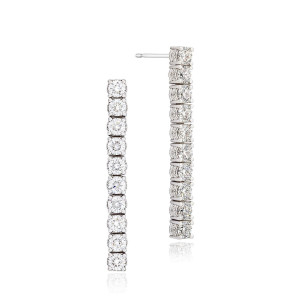 Tacori FE664 18 Karat White Gold, front and profile views of the straight line drop of prong set round diamonds