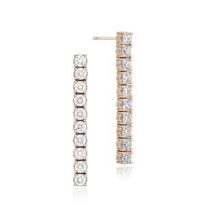 Tacori FE664PK 18 Karat Rose Gold, front and profile views of the straight line drop of prong set round diamonds