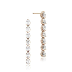 Tacori FE680PK 18 Karat Rose Gold, front and profile views of the line drop with seven prong set pear diamonds