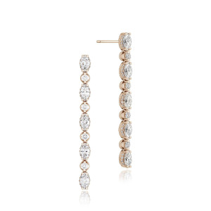Tacori FE681PK 18 Karat Rose Gold, front and profile views of the line drop alternating marquise and round diamonds