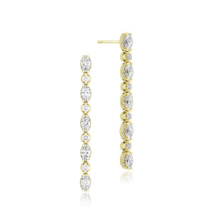 Tacori FE681Y 18 Karat Yellow Gold, front and angled views of the linear drop with alternating marquise and round diamonds