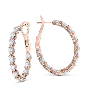 Tacori FE695FPK 14 Karat Rose Gold, angled views of the oval hoop lined inside and out with pear cut diamonds