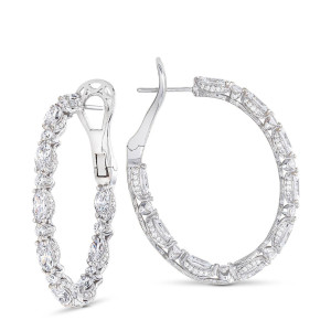 Tacori FE696FW 14 Karat White Gold, angled pair view of the oval inside-out hoops set with alternating marquise and round diamonds