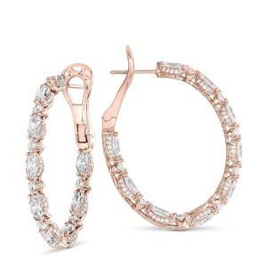 Tacori FE696FPK 14 Karat Rose Gold, angled pair view of the oval inside-out hoops set with alternating marquise and round diamonds
