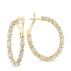 Tacori FE696FY 14 Karat Yellow Gold, angled pair view of the oval inside-out hoops set with alternating marquise and round diamonds