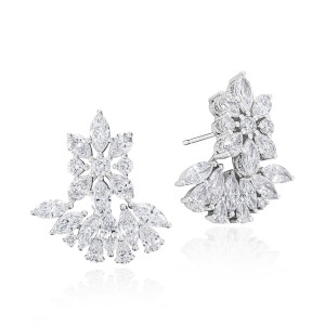 Tacori FE702LDFW 14 Karat White Gold, front and side views of the marquise and pear diamond cluster with a fanned lower jacket
