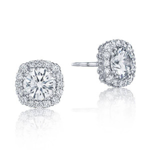 Tacori FE803CU65NDPLT Platinum, face and side views of the cushion halo stud with a large round center and diamond-set gallery